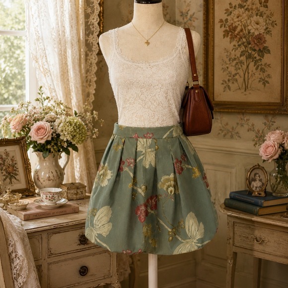 Dresses & Skirts - Vintage Floral Jacquard Mini Skirt M Sage Pleated Butterfly Romantic Cottagecore